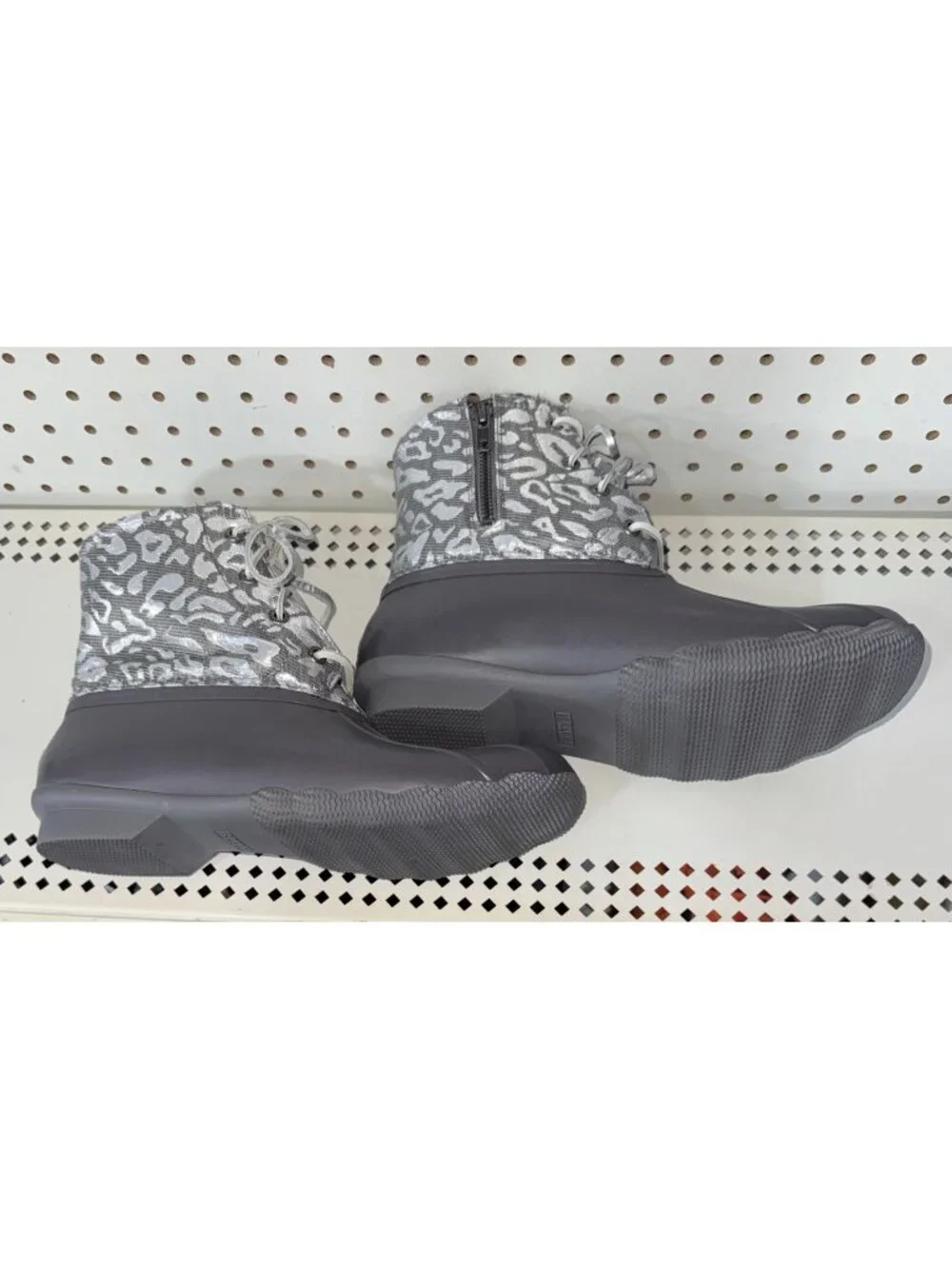 Sperry Saltwater Jacquard Womens Duck Rain Boots Size 10 Silver Leopard Print